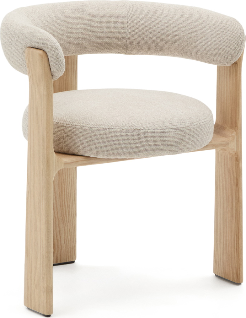 Spisestol med armlæn Kave Home Granite  –  rund beige chenille, FSC asketræ ben, polstret sæde