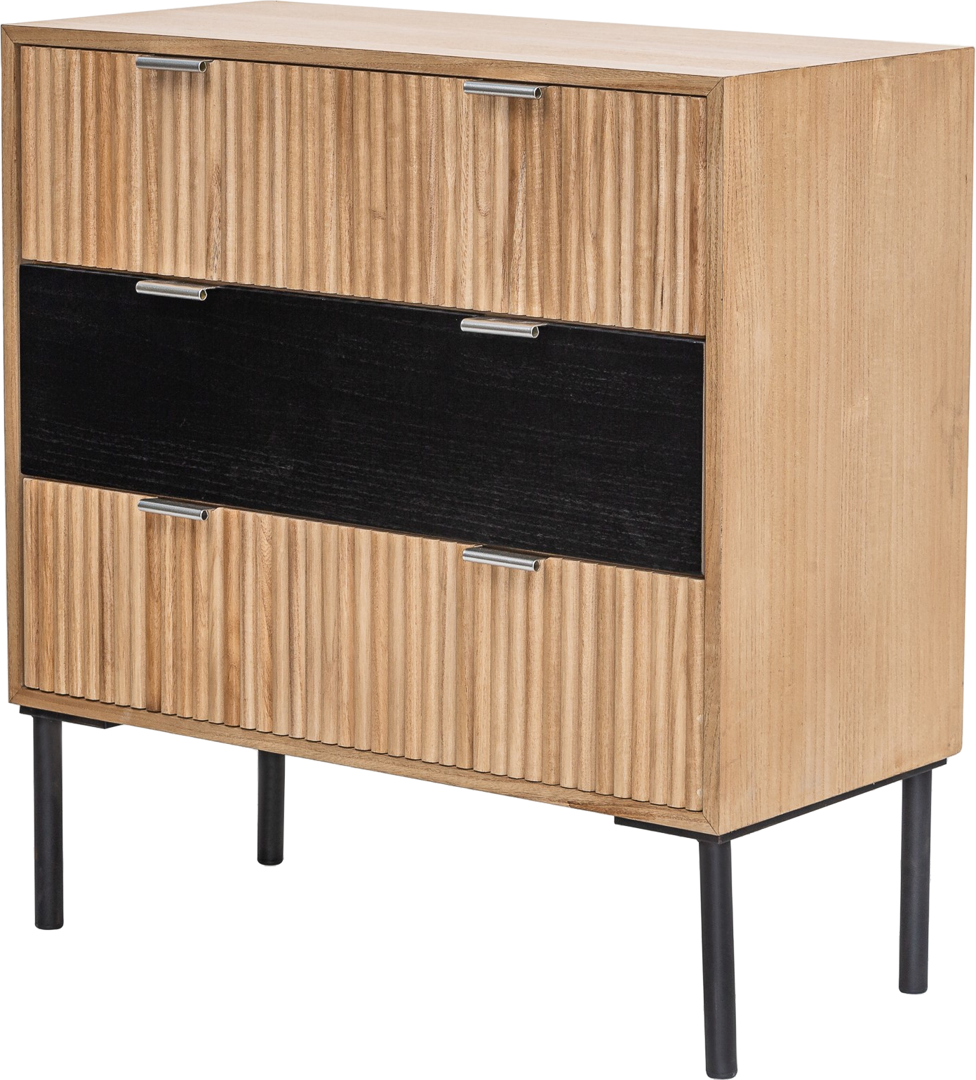 Kommode Nordlys Furniture Dehli i natur asketræ FSC 78x75x37 cm med 3 skuffer rillede front og sorte metalben