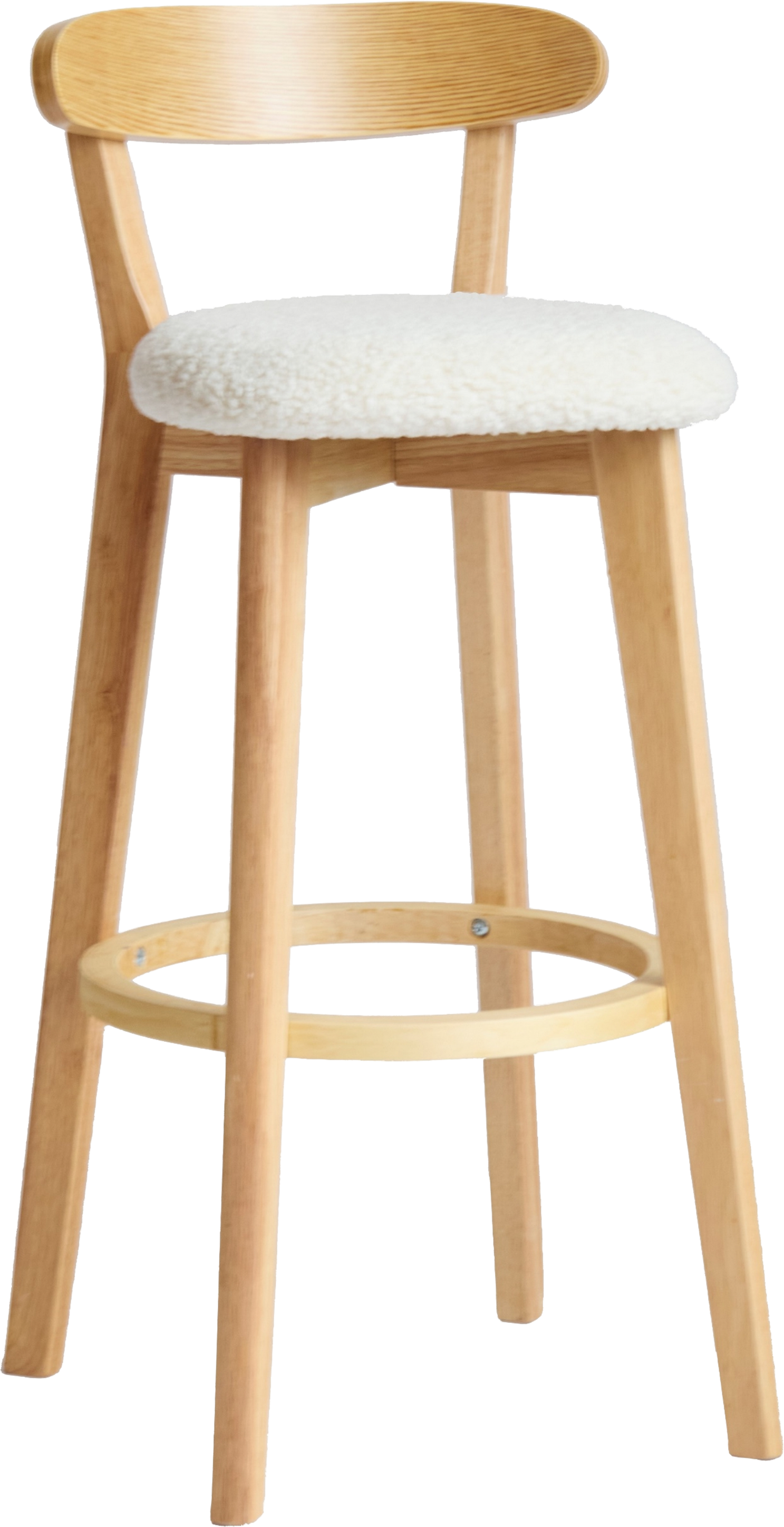 Barstol Nordlys Furniture Tabvitoria, hvid bouclé, FSC-træ, skandinavisk design, H92xB38xD42