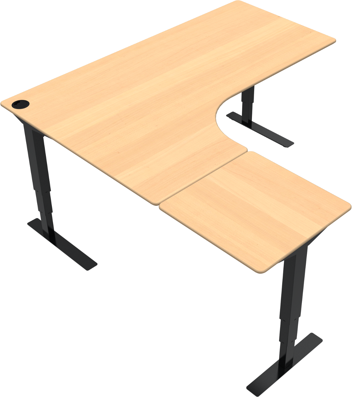 VersaStand, Tre-bens hæve-/sænkebord, L-form, venstrevendt, natur/sort, H122x180x180 cm, bøg